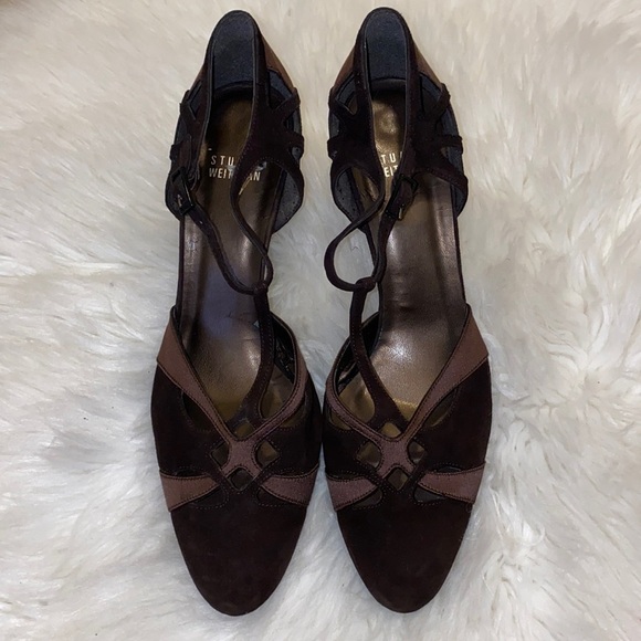 Stuart Weitzman Shoes - Stuart Weitzman Brown Suede Satin Mary Jane Pumps Heels  Sz 9.